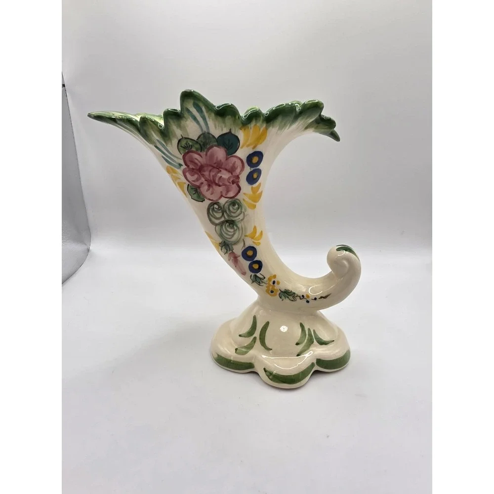 VTG PV Peasant Village Italy Horn Vase Floral Hand Painted Jagged Rim